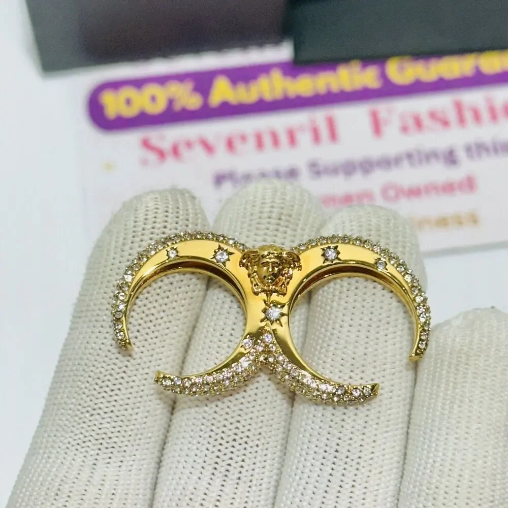 Versace Galaxy Medusa Crystal Engraved Cuff Double Ring Gold Tone Sz M NWT $525